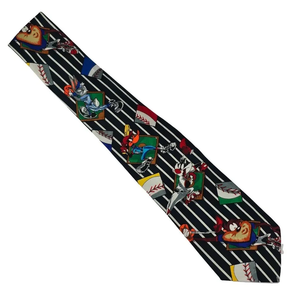 Looney Tunes Mania Baseball Tie Mens Blue Striped 1993 Vintage Taz Bugs Bunny WB
